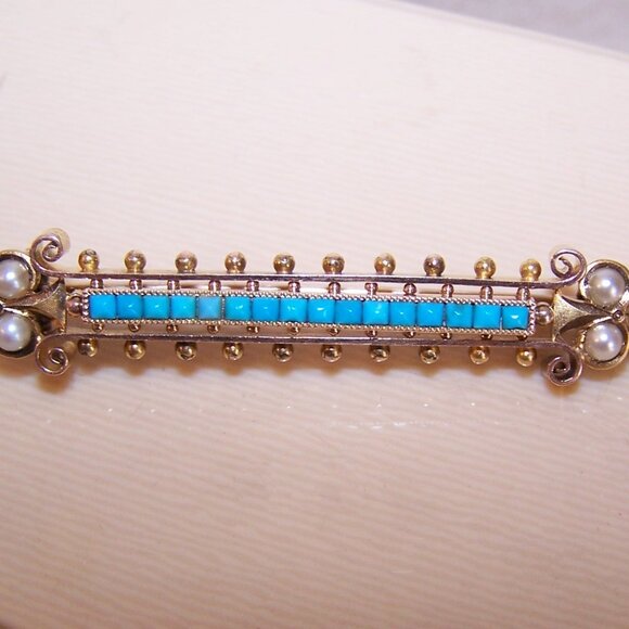 Antique Victorian 14K Gold Persian Turquoise Natural Pearl Etruscan Revival Pin - Picture 6 of 8